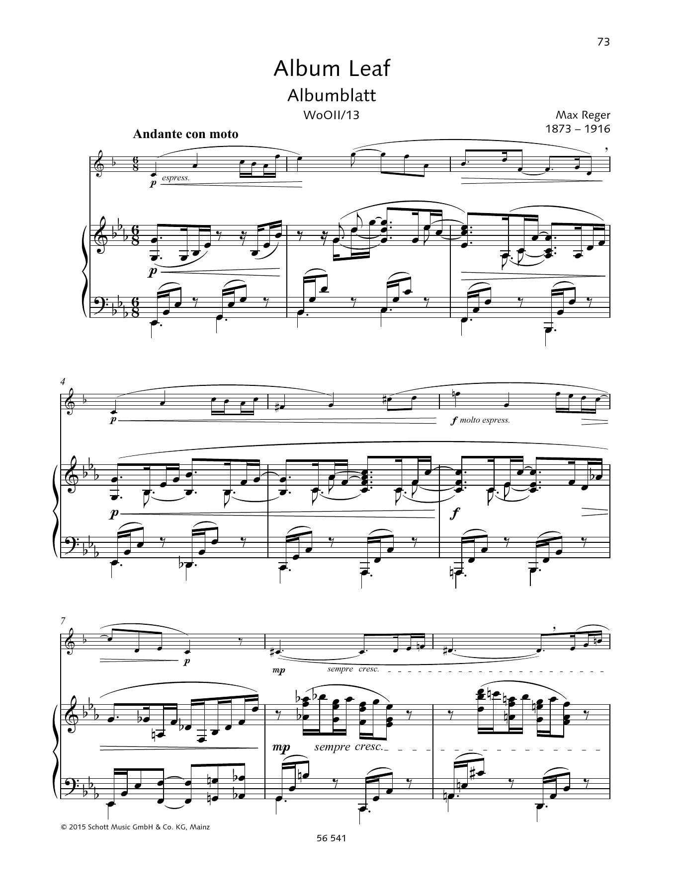 Max Reger Album Leaf sheet music notes and chords. Download Printable PDF.