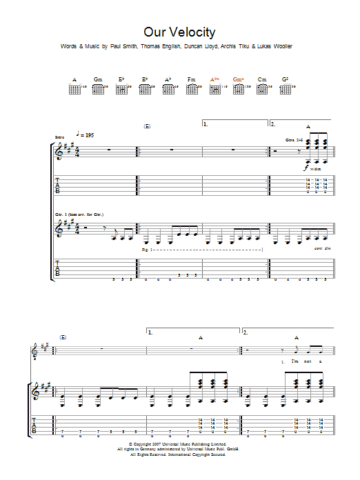 Maximo Park Our Velocity sheet music notes and chords. Download Printable PDF.