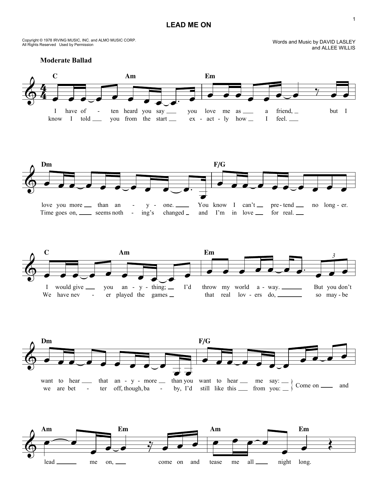 Learn to play Maxine Nightingale Lead Me On sheet music for Easy Lead Sheet / Fake Book in minutes. Price: 5.9900$ Maxine Nightingale Lead Me On sheet music notes and chords arranged for Easy Lead Sheet / Fake Book