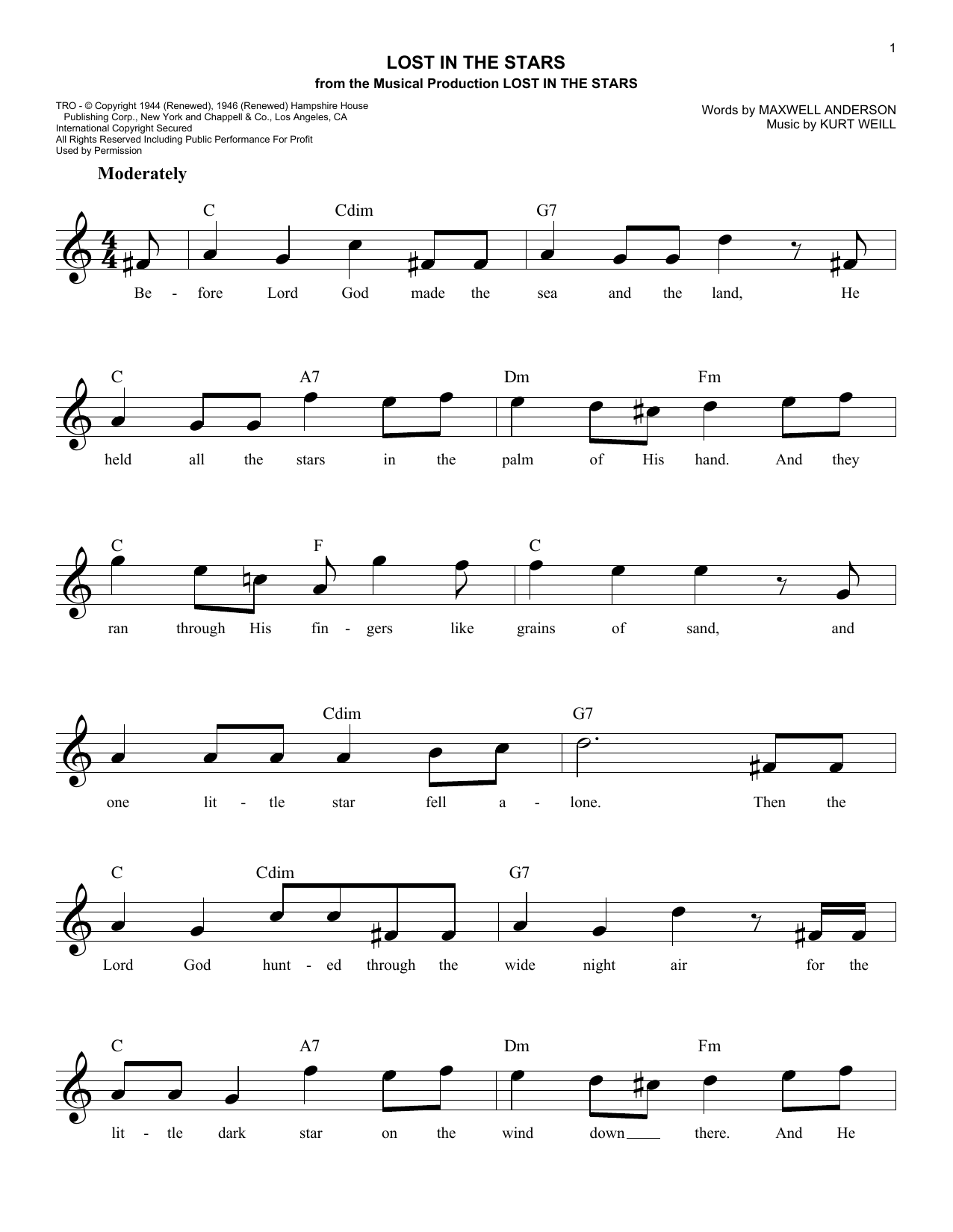 Maxwell Anderson Lost In The Stars Sheet Music Pdf Notes Chords Broadway Score Lead Sheet Fake Book Download Printable Sku