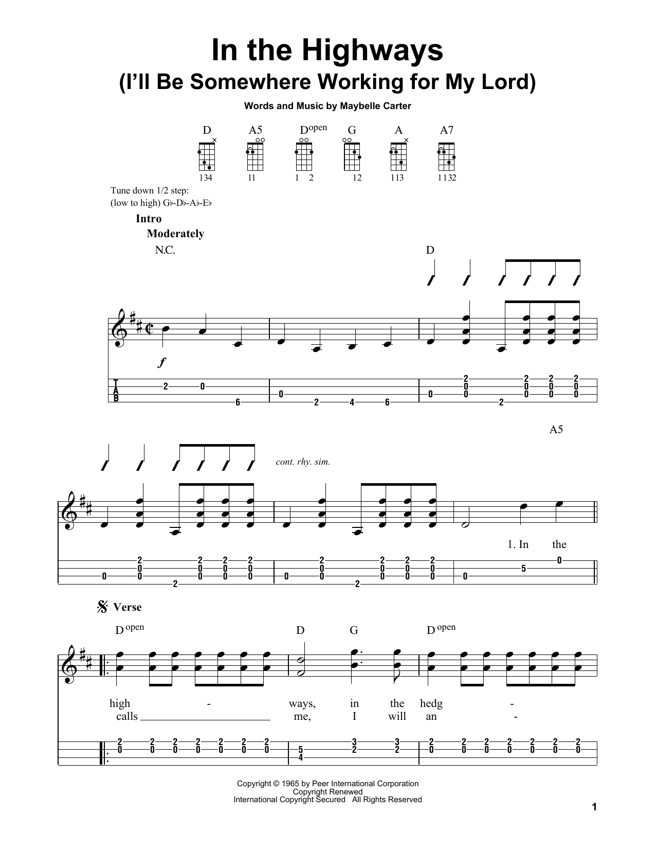 Maybelle Carter In The Highways (I'll Be Somewhere Working For My Lord) sheet music notes and chords arranged for Easy Piano