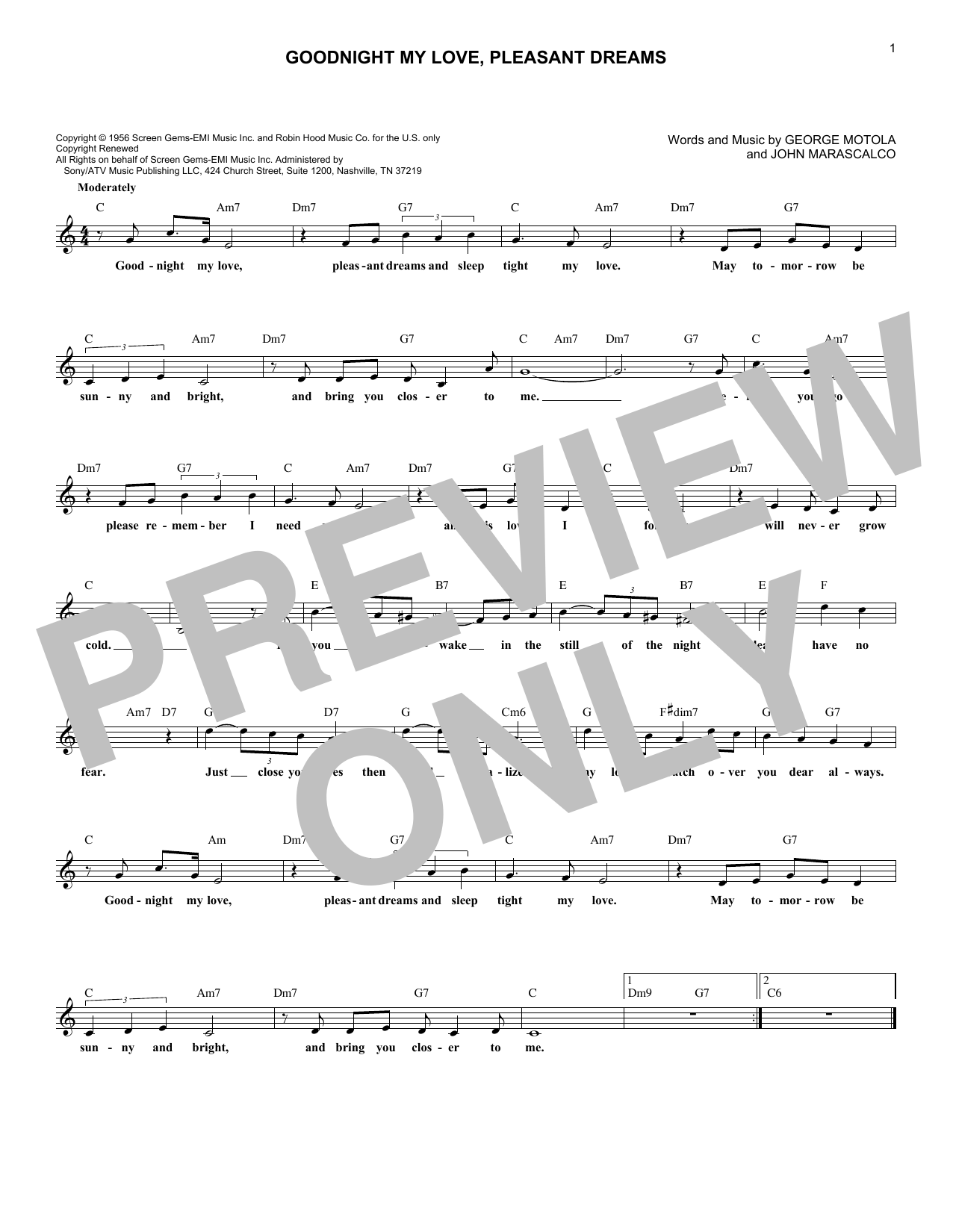 Learn to play McGuire Sisters Goodnight My Love, Pleasant Dreams sheet music for Lead Sheet / Fake Book in minutes. Price: 5.9900$ McGuire Sisters Goodnight My Love, Pleasant Dreams sheet music notes and chords arranged for Lead Sheet / Fake Book