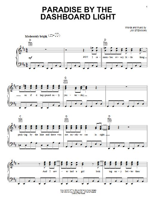 Meat Loaf Paradise By The Dashboard Light sheet music notes and chords. Download Printable PDF.