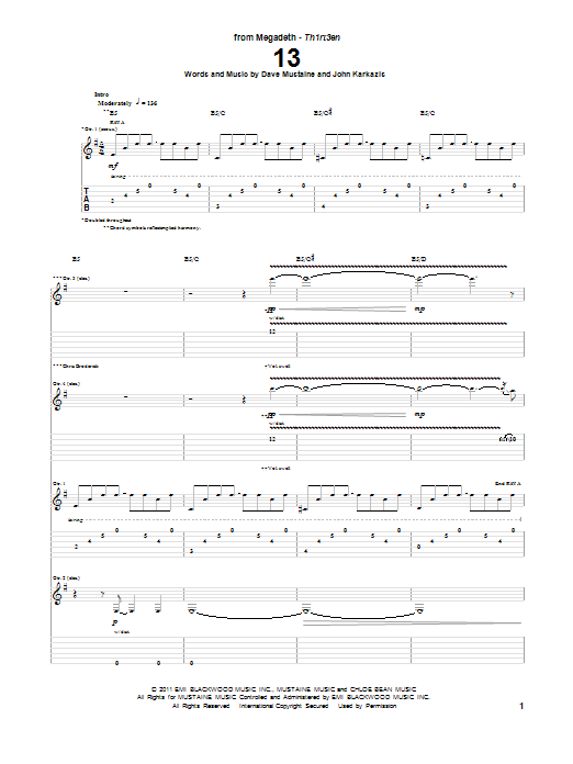 Megadeth 13 sheet music notes and chords. Download Printable PDF.