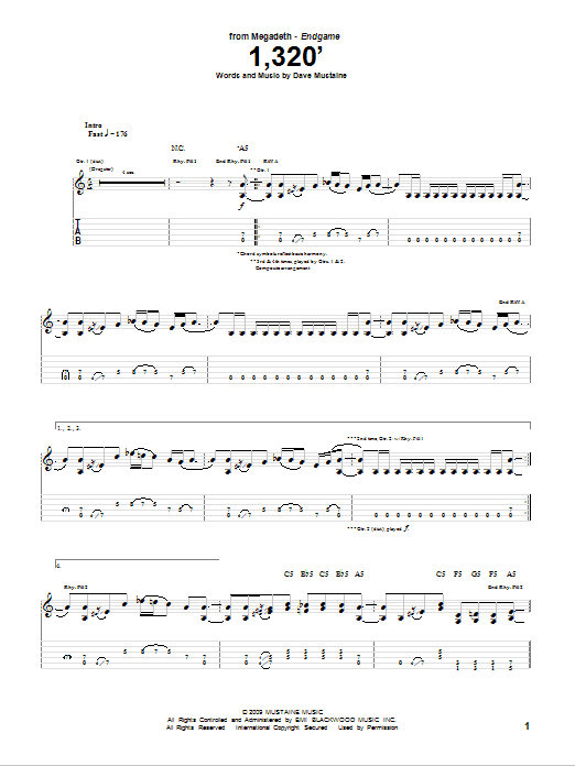 Megadeth 1,320' sheet music notes and chords. Download Printable PDF.