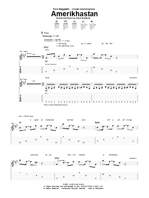 Megadeth Amerikhastan sheet music notes and chords. Download Printable PDF.