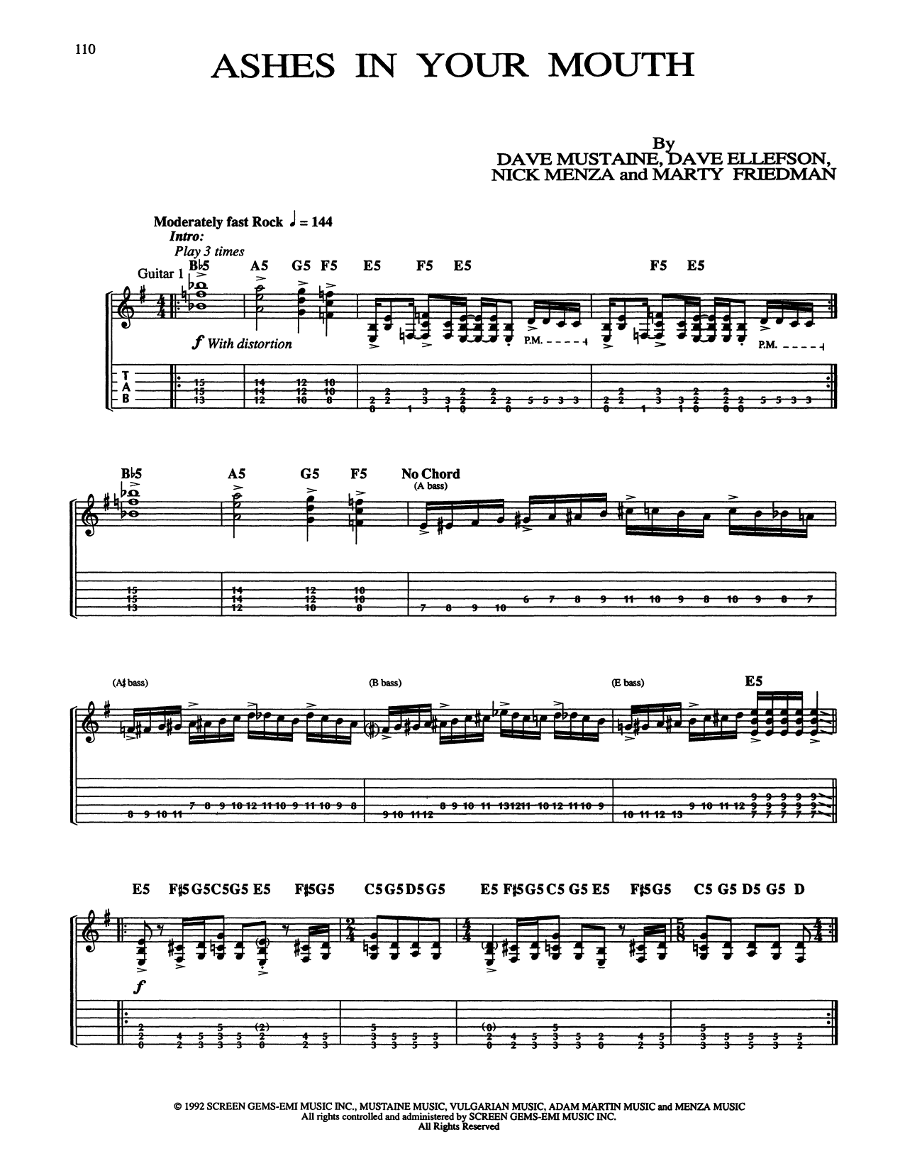 Megadeth Ashes In Your Mouth sheet music notes and chords. Download Printable PDF.