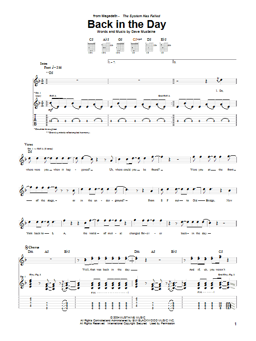 Megadeth Back In The Day sheet music notes and chords. Download Printable PDF.