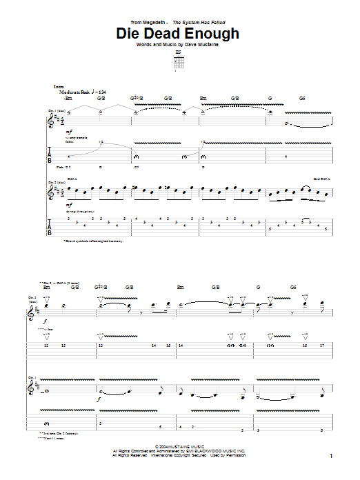 Megadeth Die Dead Enough sheet music notes and chords. Download Printable PDF.