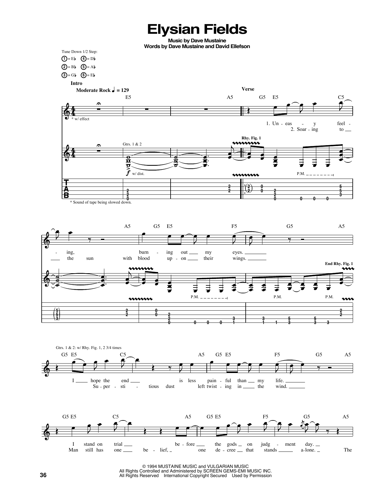 Megadeth Elysian Fields sheet music notes and chords. Download Printable PDF.