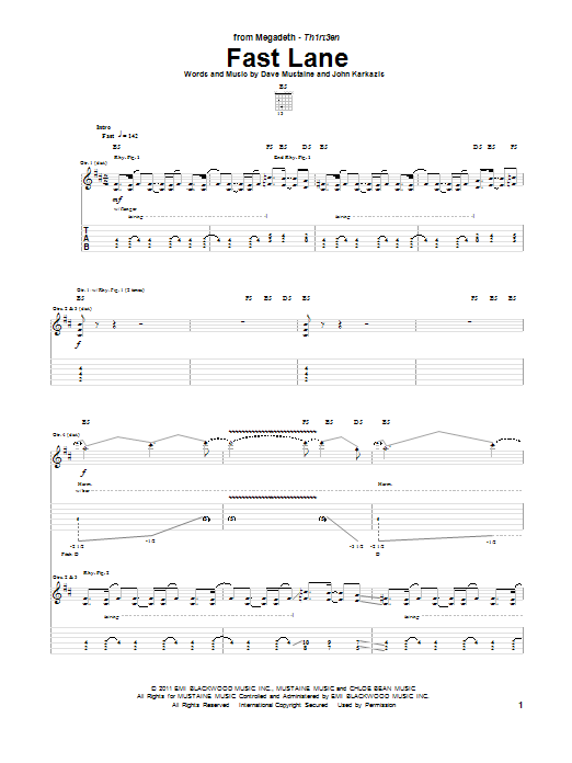 Megadeth Fast Lane sheet music notes and chords. Download Printable PDF.