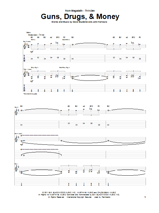 Megadeth Guns, Drugs, & Money sheet music notes and chords. Download Printable PDF.