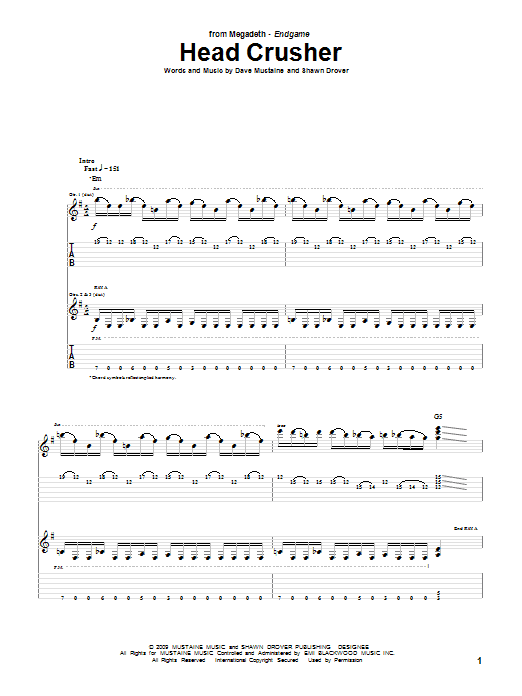 Megadeth Head Crusher sheet music notes and chords. Download Printable PDF.