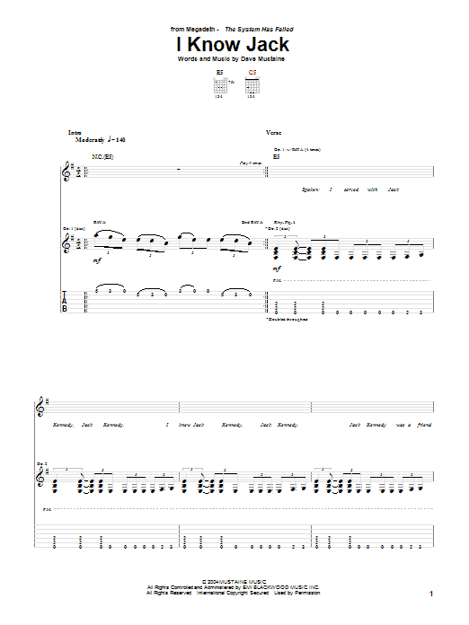 Megadeth I Know Jack sheet music notes and chords. Download Printable PDF.