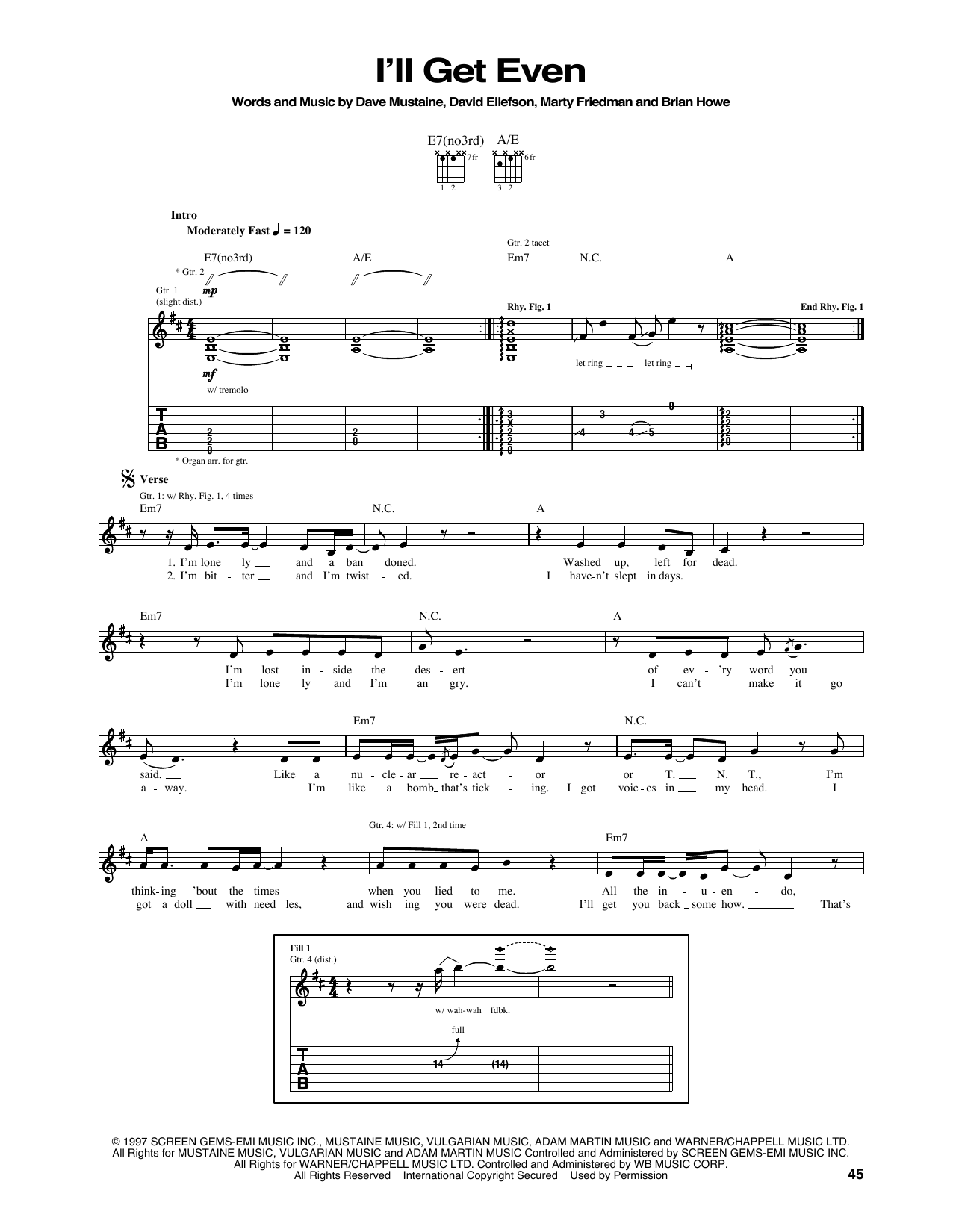 Megadeth I'll Get Even sheet music notes and chords. Download Printable PDF.