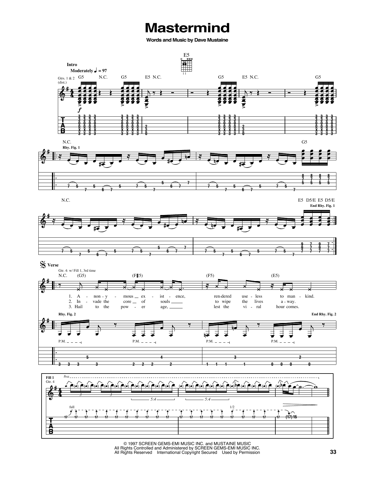 Megadeth Mastermind sheet music notes and chords. Download Printable PDF.