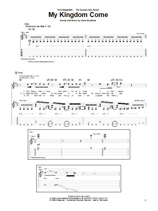 Megadeth My Kingdom Come Sheet Music Pdf Notes Chords Rock Score Guitar Tab Download Printable Sku 51604