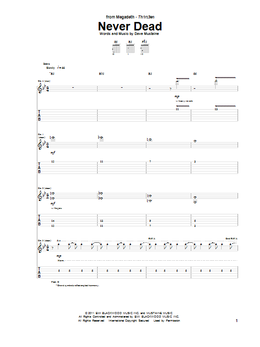 Megadeth Never Dead sheet music notes and chords. Download Printable PDF.