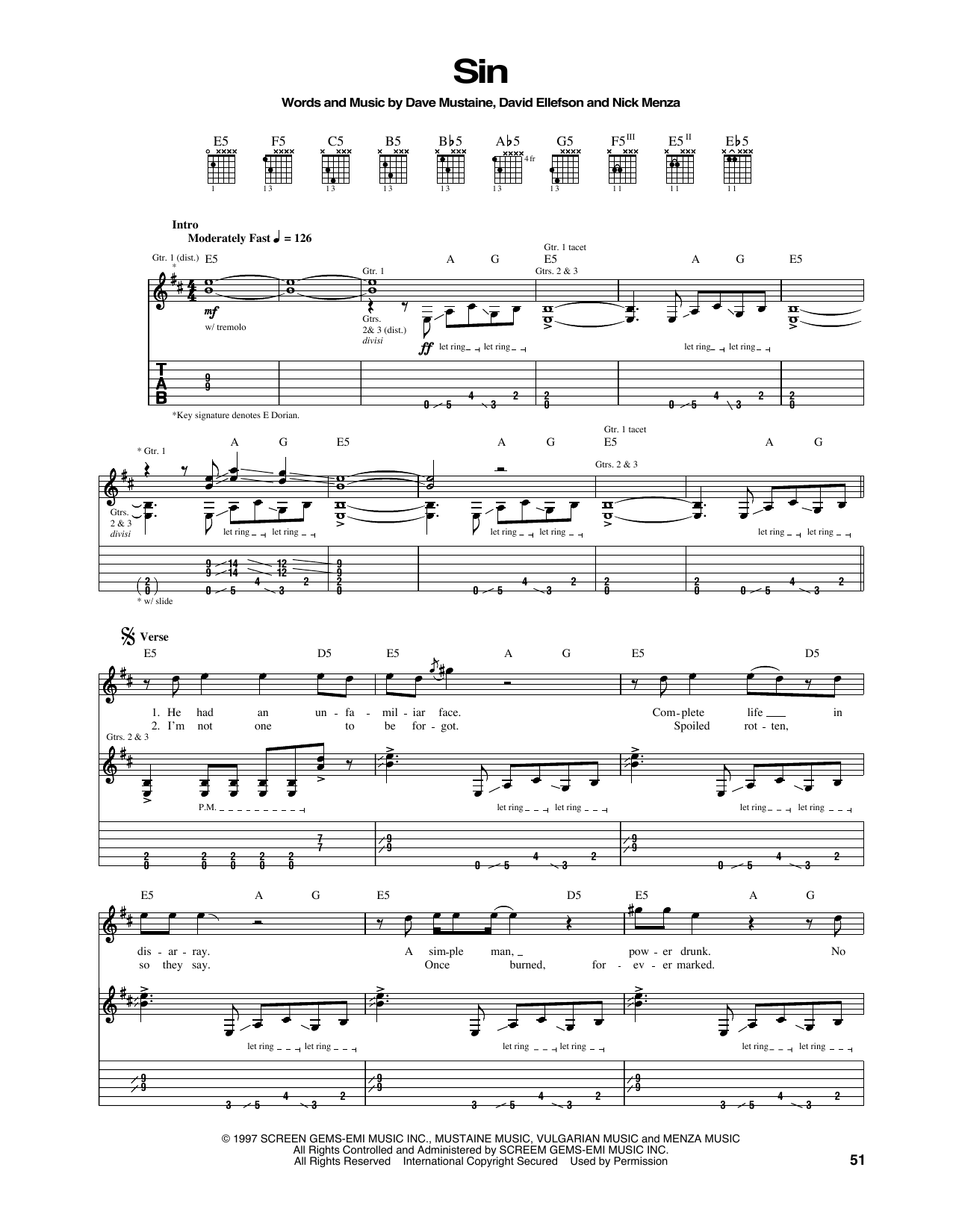 Megadeth Sin sheet music notes and chords. Download Printable PDF.