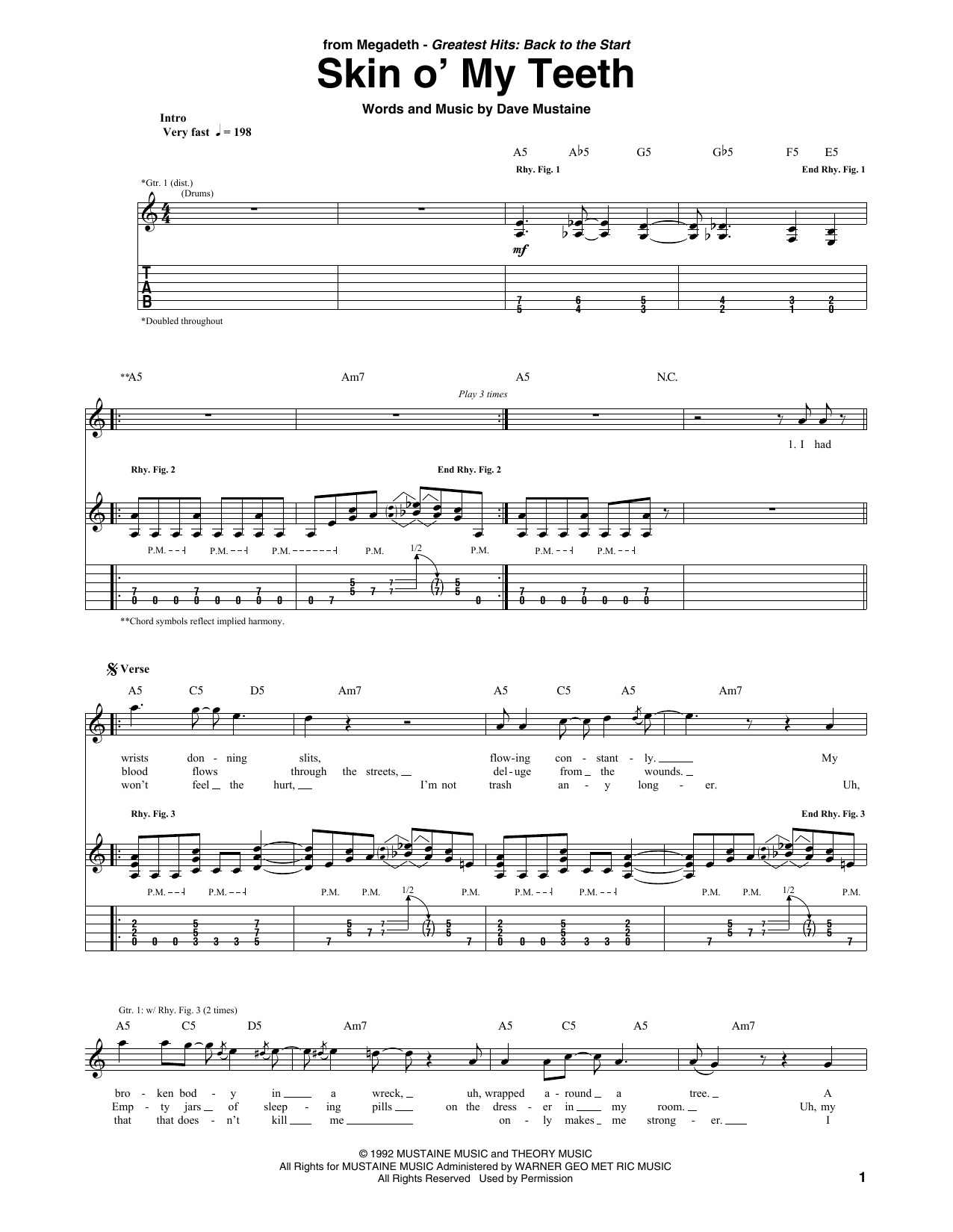 Megadeth Skin O' My Teeth sheet music notes and chords. Download Printable PDF.