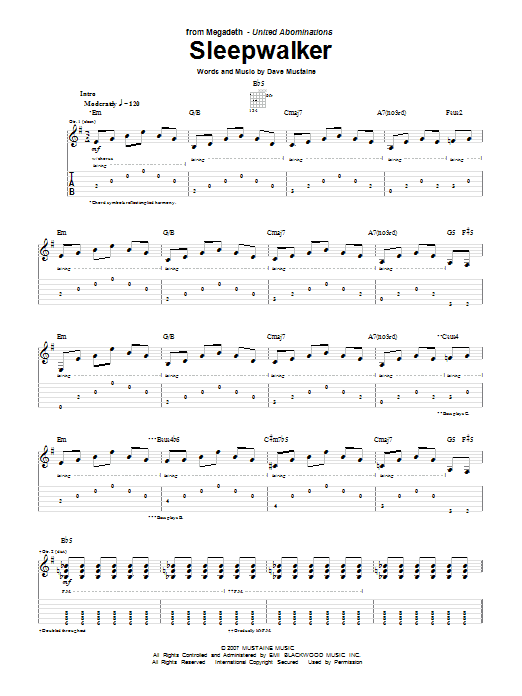 Megadeth Sleepwalker sheet music notes and chords. Download Printable PDF.