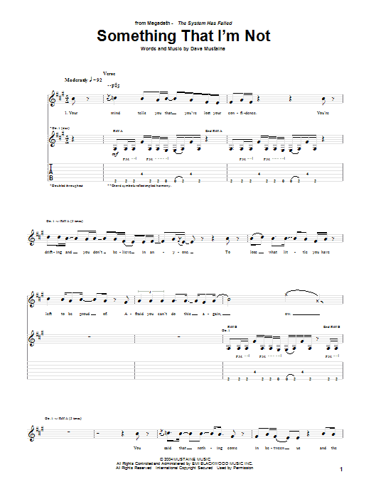 Megadeth Something I'm Not sheet music notes and chords. Download Printable PDF.