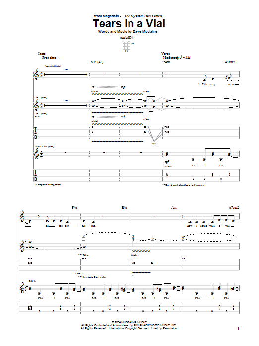 Megadeth Tears In A Vial sheet music notes and chords. Download Printable PDF.