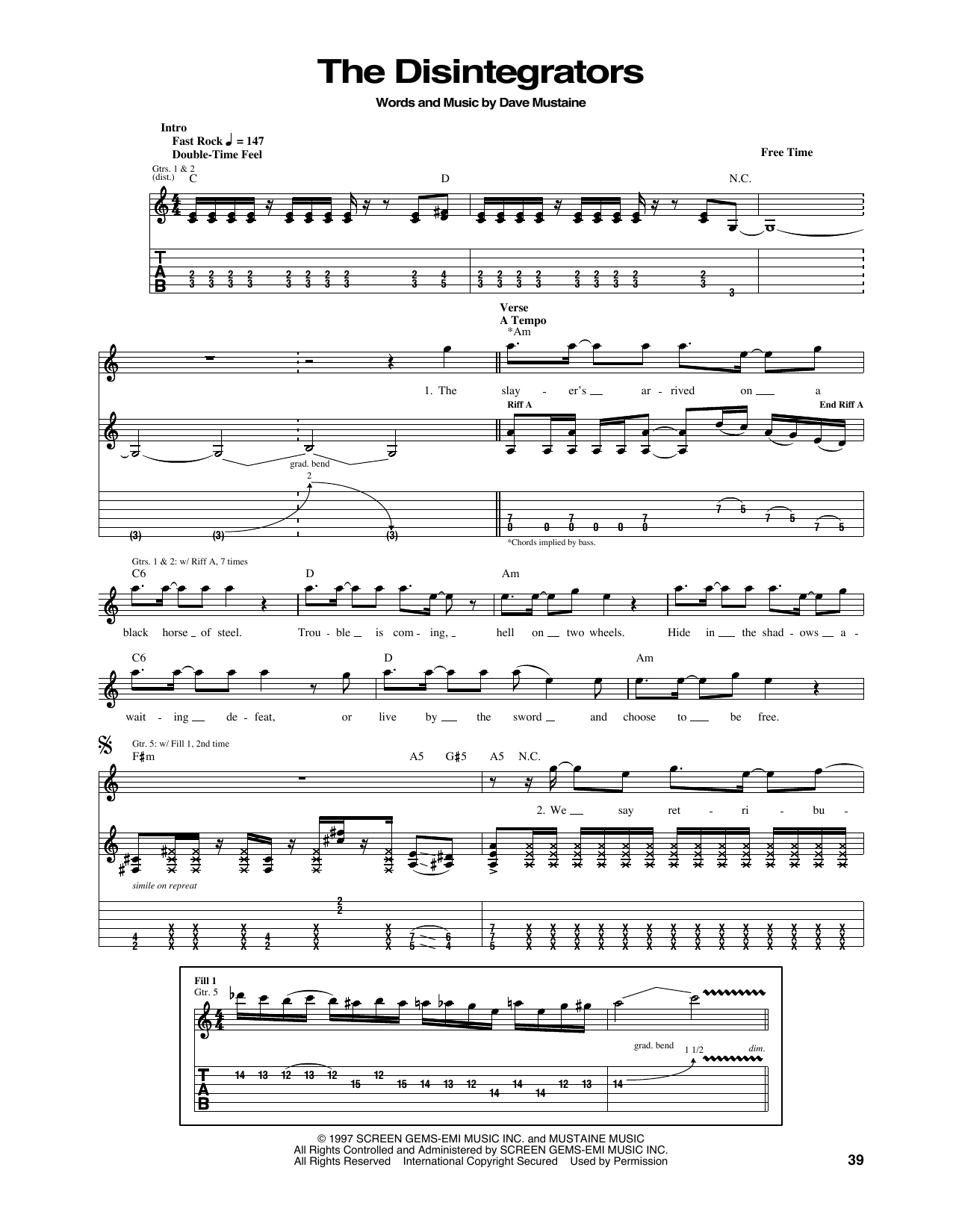 Megadeth The Disintegrators sheet music notes and chords. Download Printable PDF.