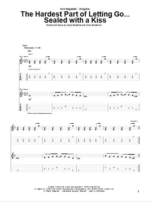 Learn to play Megadeth The Hardest Part Of Letting Go...Sealed With A Kiss sheet music for Guitar Tab in minutes. Price: 7.8900$ Megadeth The Hardest Part Of Letting Go...Sealed With A Kiss sheet music notes and chords arranged for Guitar Tab