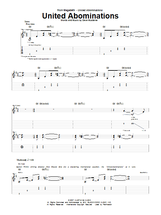 Megadeth United Abominations sheet music notes and chords. Download Printable PDF.