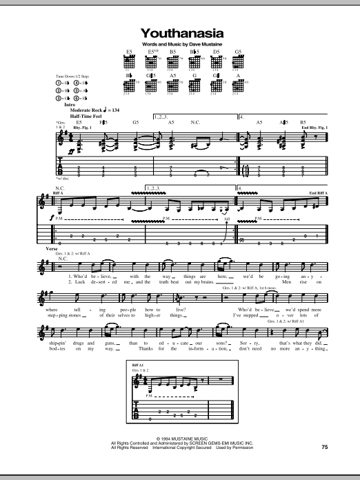 Megadeth Youthanasia sheet music notes and chords. Download Printable PDF.