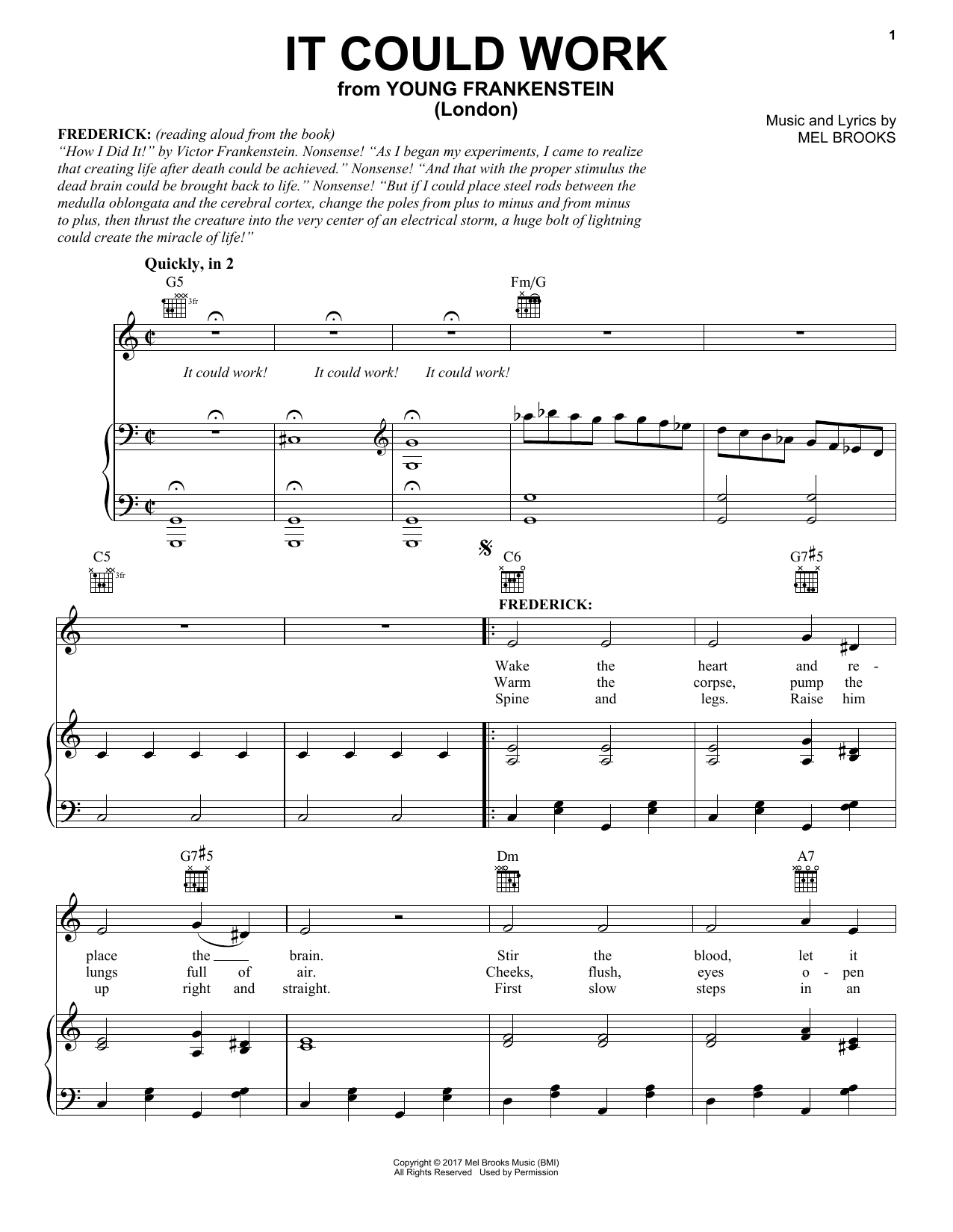 Learn to play Mel Brooks It Could Work (from Young Frankenstein) sheet music for Piano, Vocal & Guitar Chords (Right-Hand Melody) in minutes. Price: 6.9900$ Mel Brooks It Could Work (from Young Frankenstein) sheet music notes and chords arranged for Piano, Vocal & Guitar Chords (Right-Hand Melody)