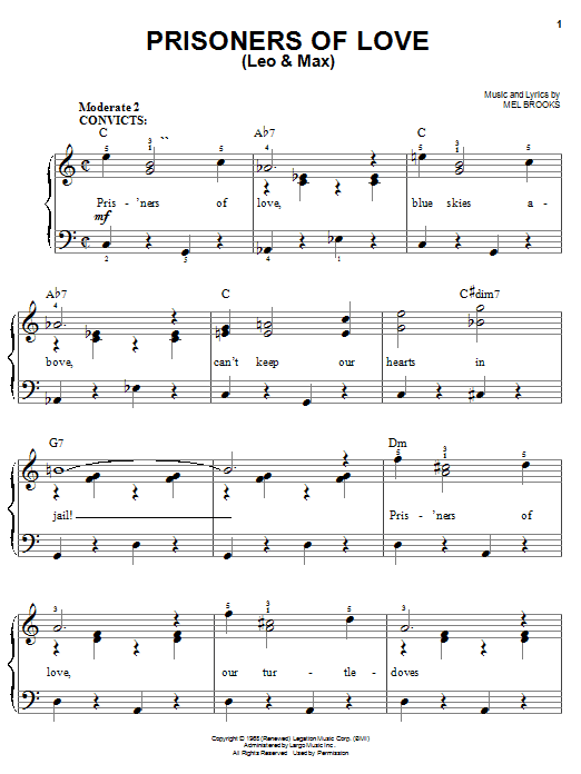 Learn to play Mel Brooks Prisoners Of Love (Leo & Max) sheet music for Easy Piano in minutes. Mel Brooks Prisoners Of Love (Leo & Max) sheet music notes and chords. Download Printable PDF.