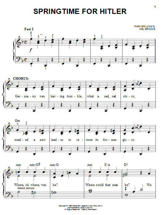 Learn to play Mel Brooks Springtime For Hitler sheet music for Lead Sheet / Fake Book in minutes. Price: 5.9900$ Mel Brooks Springtime For Hitler sheet music notes and chords arranged for Lead Sheet / Fake Book