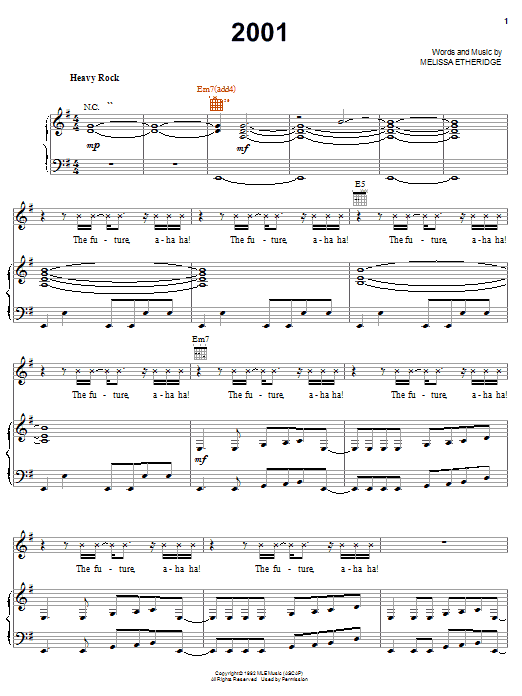 Melissa Etheridge 2001 sheet music notes and chords. Download Printable PDF.