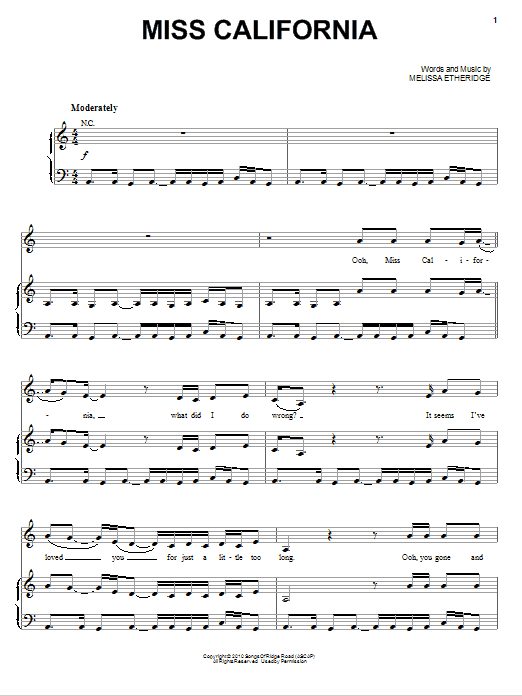 Melissa Etheridge Miss California sheet music notes and chords. Download Printable PDF.