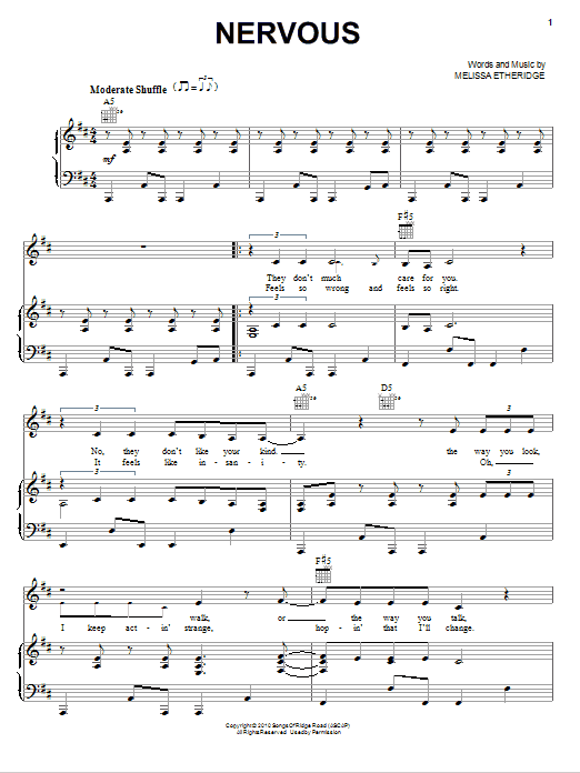 Learn to play Melissa Etheridge Nervous sheet music for Piano, Vocal & Guitar (Right-Hand Melody) in minutes. Price: 6.9900$ Melissa Etheridge Nervous sheet music notes and chords. Download Printable PDF.
