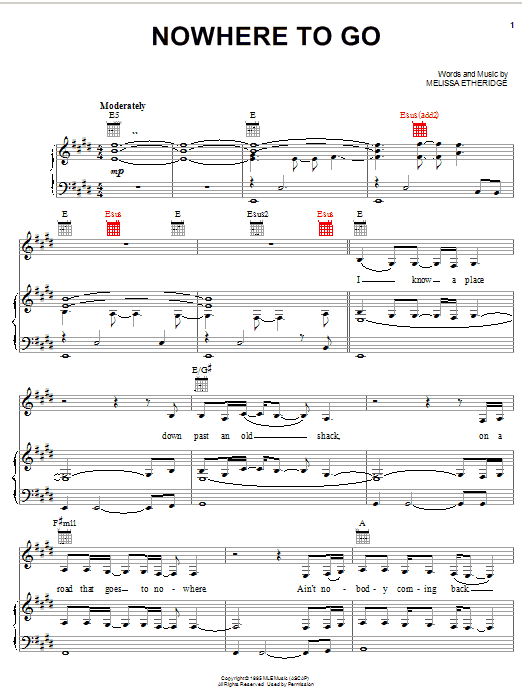 Melissa Etheridge Nowhere To Go sheet music notes and chords. Download Printable PDF.