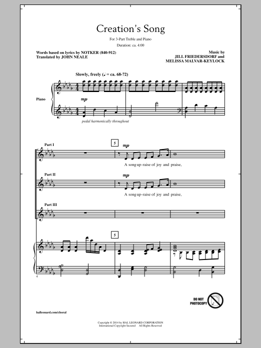 Jill Friedersdorf and Melissa Malvar-Keylock Creation's Song sheet music notes and chords. Download Printable PDF.