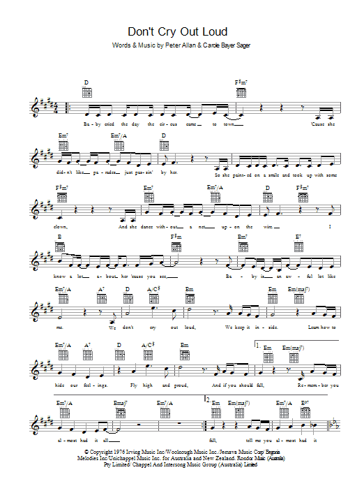 Melissa Manchester Don't Cry Out Loud (We Don't Cry Out Loud) sheet music notes and chords arranged for Easy Lead Sheet / Fake Book