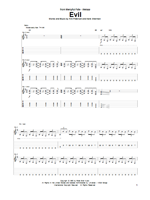 Mercyful Fate Evil sheet music notes and chords. Download Printable PDF.