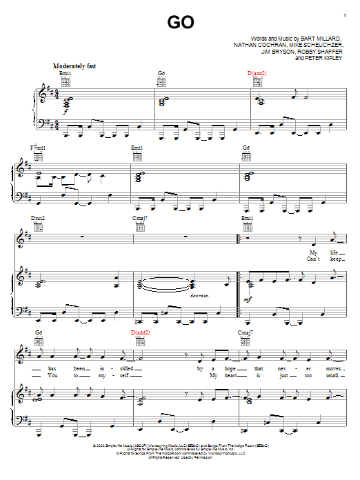 Learn to play MercyMe Go sheet music for Easy Piano in minutes. Price: 6.9900$ MercyMe Go sheet music notes and chords arranged for Easy Piano
