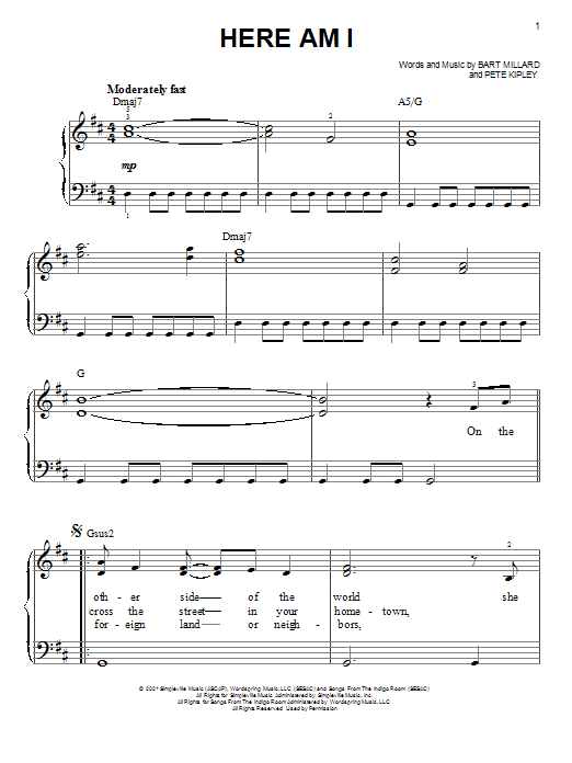 MercyMe Here Am I sheet music notes and chords. Download Printable PDF.