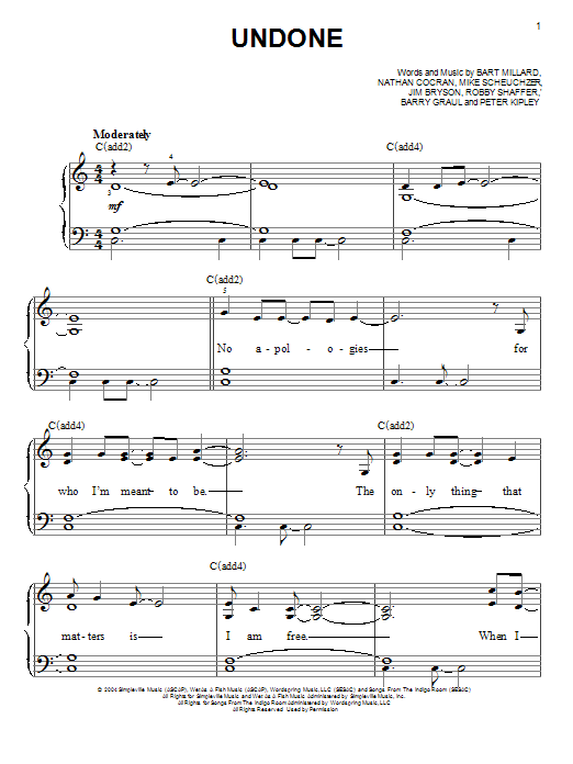 MercyMe Undone sheet music notes and chords. Download Printable PDF.