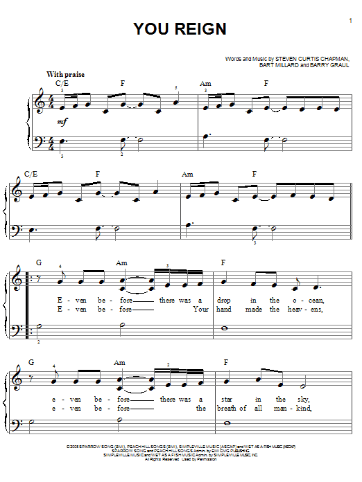 MercyMe You Reign sheet music notes and chords. Download Printable PDF.