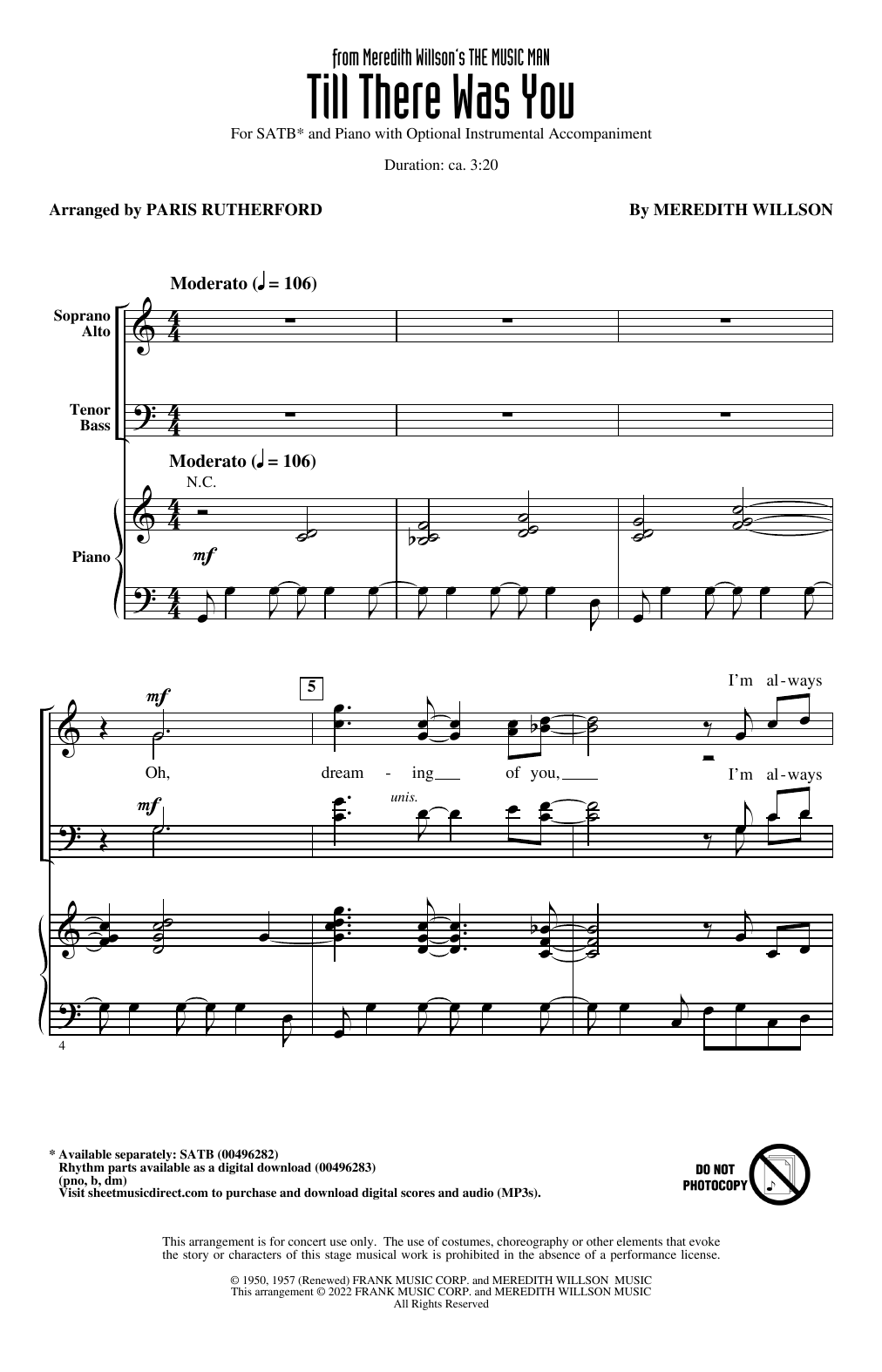 Learn to play Meredith Willson Till There Was You (from The Music Man) (arr. Paris Rutherford) sheet music for SATB Choir in minutes. Price: 3.9900$ Meredith Willson Till There Was You (from The Music Man) (arr. Paris Rutherford) sheet music notes and chords arranged for SATB Choir