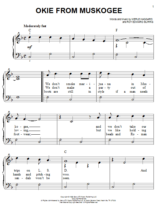 Merle Haggard Okie From Muskogee sheet music notes and chords. Download Printable PDF.