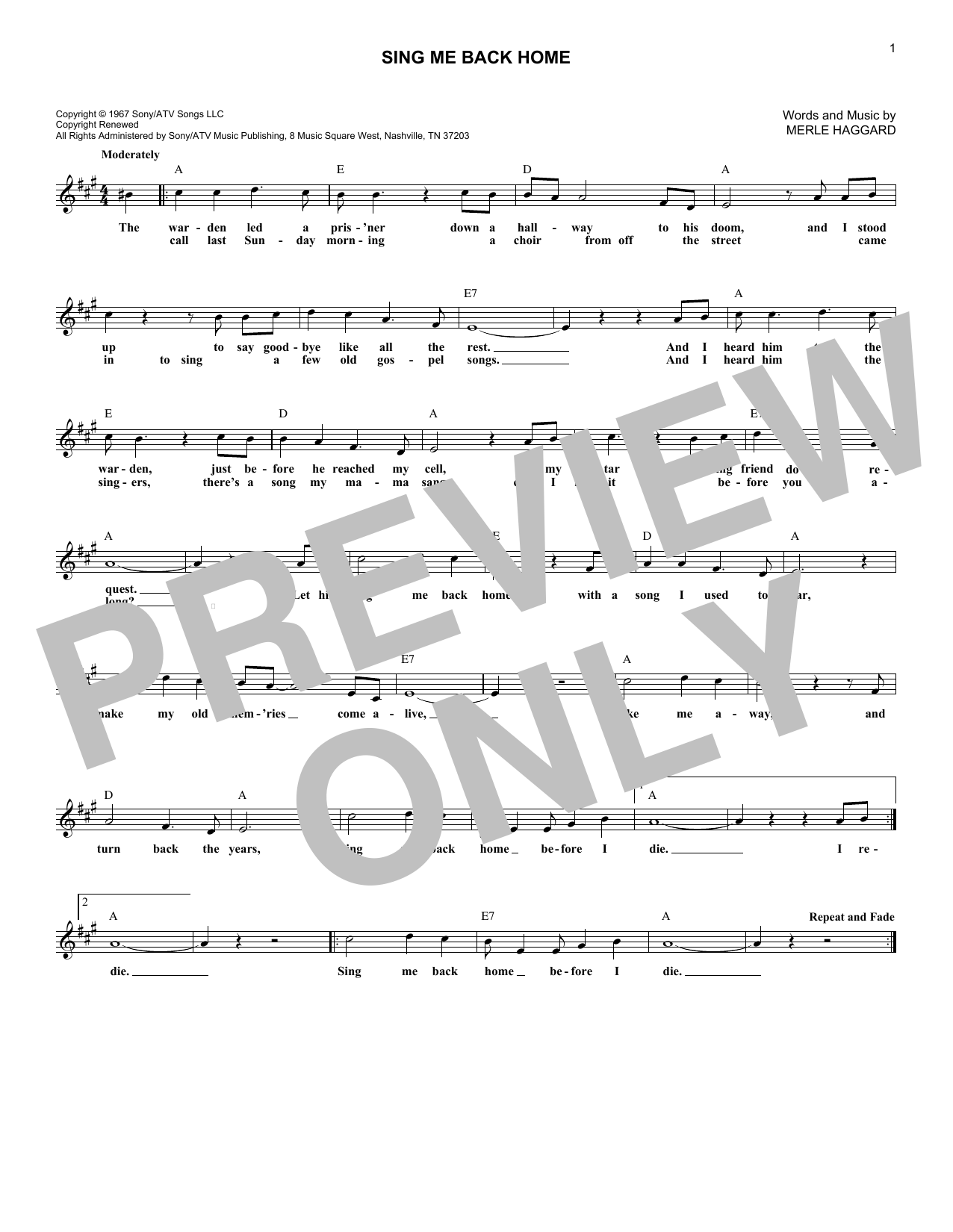 Sing Me Back Home Chords And Lyrics Sing Me Back Home Sheet Music by Merle Haggard | Lead Sheet / Fake Boo