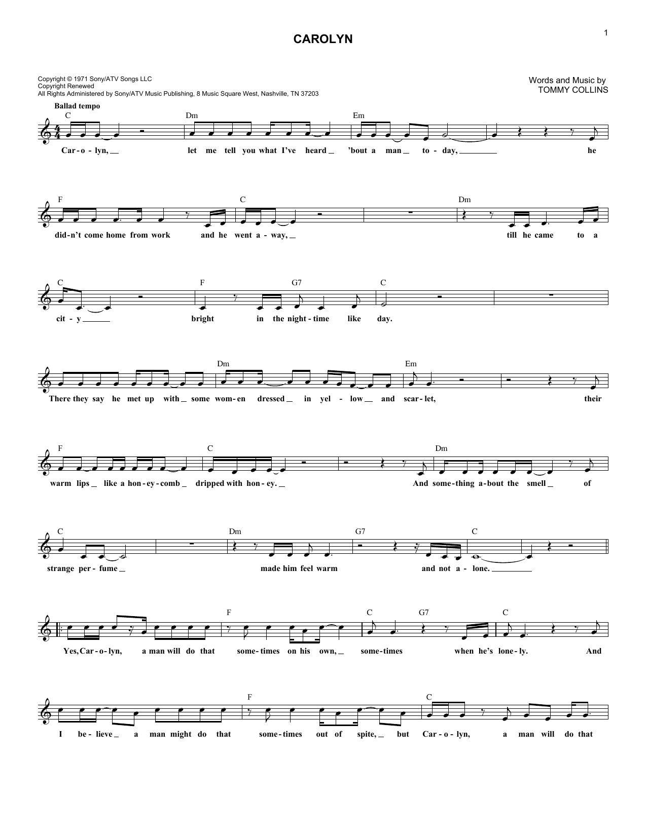 Merle Haggard Carolyn sheet music notes and chords. Download Printable PDF.