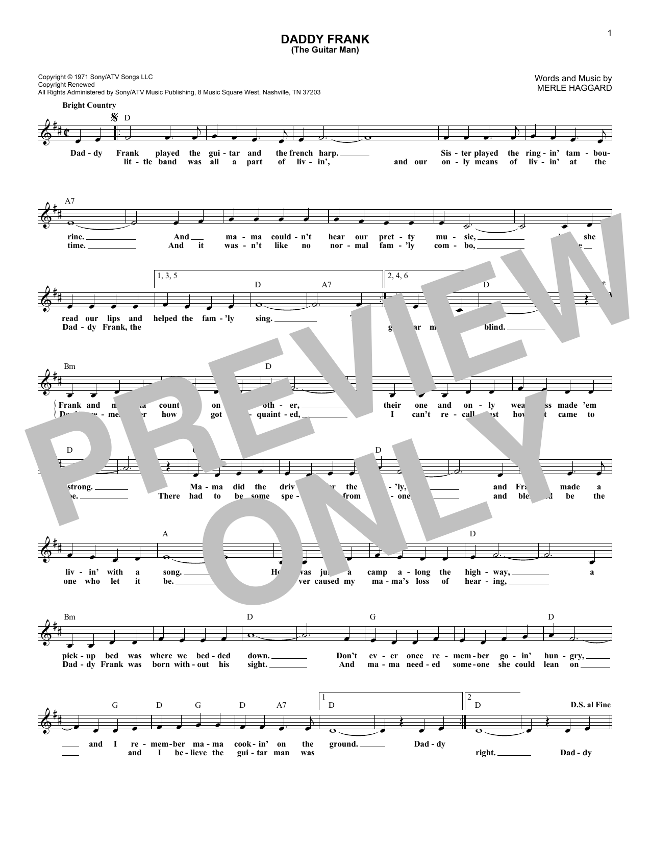 Learn to play Merle Haggard Daddy Frank (The Guitar Man) sheet music for Lead Sheet / Fake Book in minutes. Price: 5.9900$ Merle Haggard Daddy Frank (The Guitar Man) sheet music notes and chords arranged for Lead Sheet / Fake Book